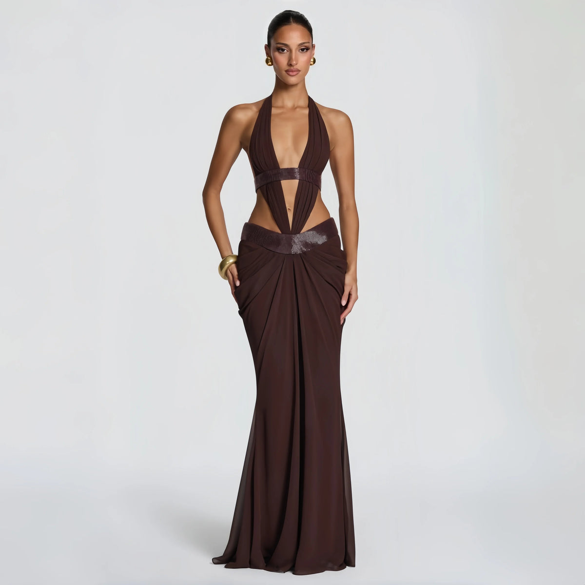 Pale Yellow Halter Deep V Mermaid Evening Dress For Women Luxury Sequin Chiffon Bodycon Maxi Gown Prom Party Gala Club Vestidos