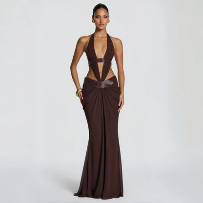 Pale Yellow Halter Deep V Mermaid Evening Dress For Women Luxury Sequin Chiffon Bodycon Maxi Gown Prom Party Gala Club Vestidos