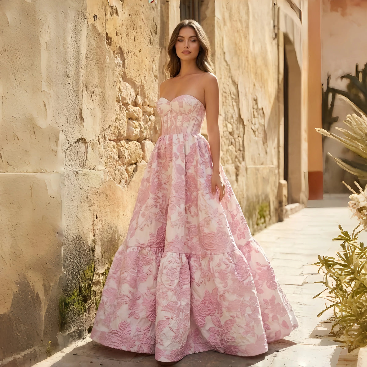 Pink Strapless Prom Dresses with Floral Jacquard Corset Bodice and Tiered Ball Gown Skirt Customized Formal Evening 2026