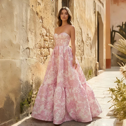 Pink Strapless Prom Dresses with Floral Jacquard Corset Bodice and Tiered Ball Gown Skirt Customized Formal Evening 2026