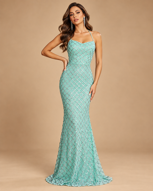 AURELIA | Mint Silver Beaded Halter Mermaid Evening Gown