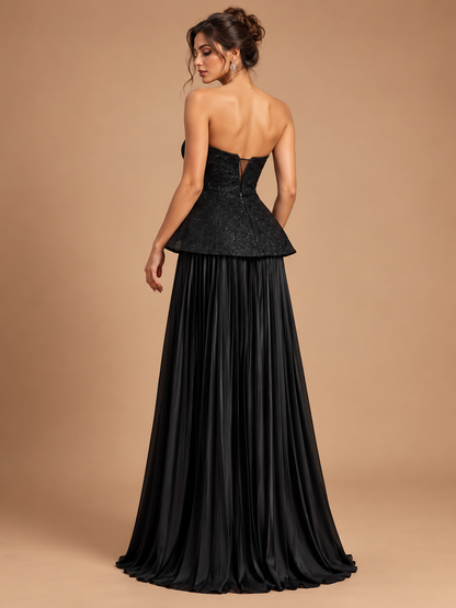 NOCTELLE | Strapless Sequin Peplum Pleated Gown