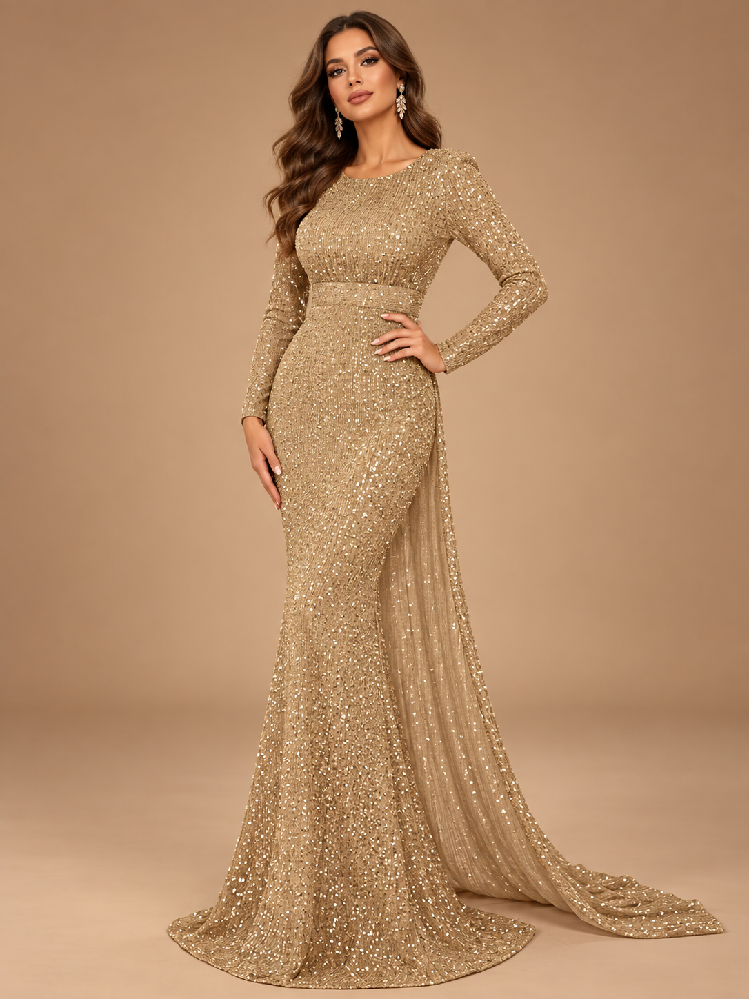 VALENTINA | Sequin Long Sleeve Open Back Mermaid Gown