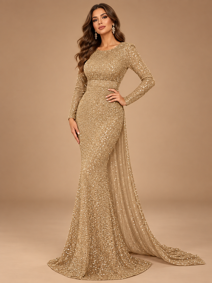 VALENTINA | Sequin Long Sleeve Open Back Mermaid Gown