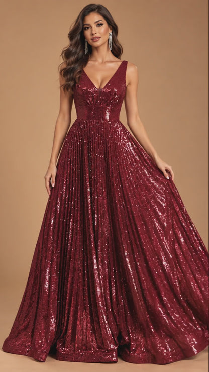 VALENCIA | Burgundy Sequin V-Neck A-Line Evening Gown
